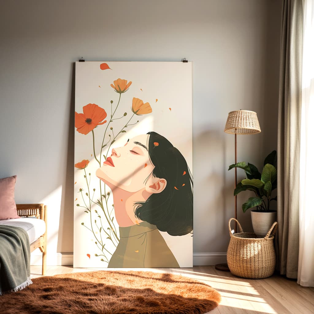 Serene Woman with Flowers – Mindful Floral Art Illustration — alternate view