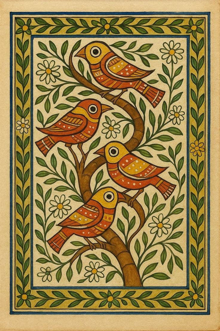 Traditional Indian Folk Art Bird Illustration – Vibrant Handcrafted Wall Décor
