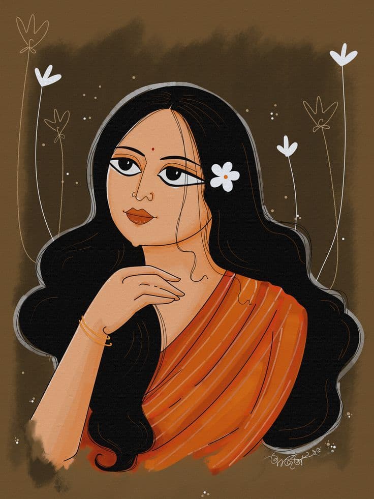 Elegant Indian Woman Illustration – Modern Folk Art Portrait Wall Décor