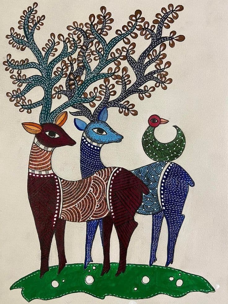 Gond Tribal Art of Deer & Peacock – Vibrant Forest Folk Painting