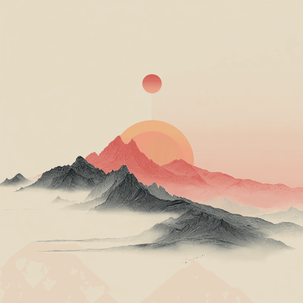 Blush Horizons – Minimalist Red Sun Mountainscape Wall Art