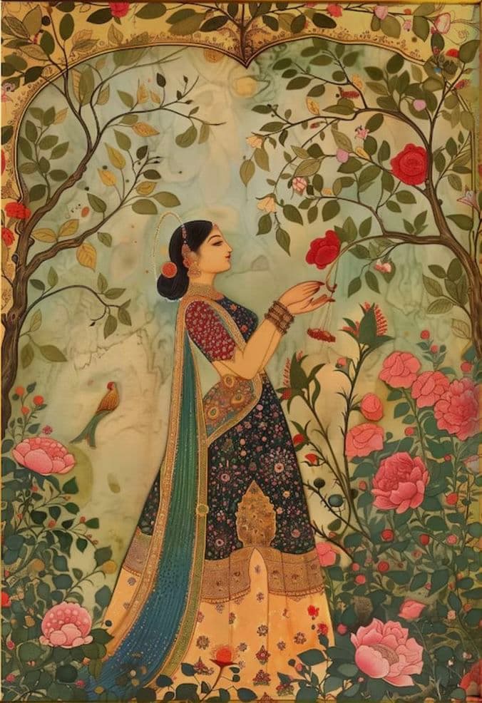 Indian Mughal Style Wall Art | Woman in Garden Floral Illustration