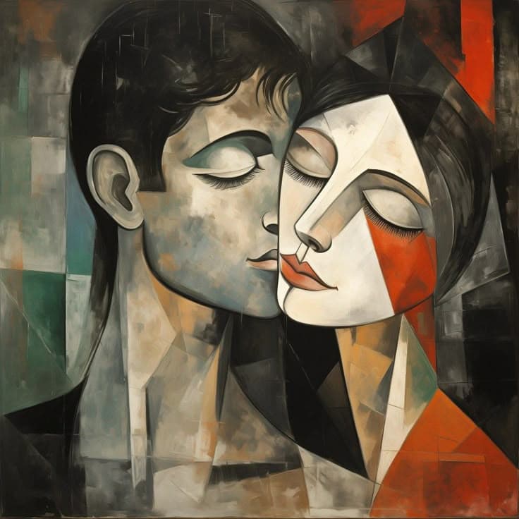 Abstract Cubist Couple Wall Art – Modern Emotional Portrait of Love & Connection